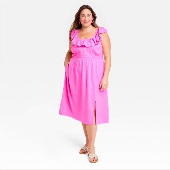 AVA & VIV PINK LINEN RUFFLE EMPIRE WAIST SLEEVELESS MIDI DRESS SIZE 2X PLUS - Picture 1 of 12